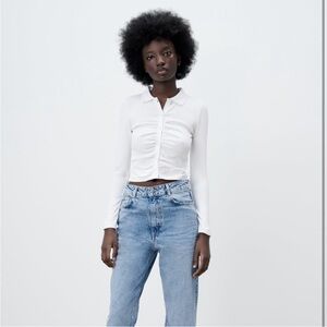 NWT Zara ruched white ribbed polo shirt